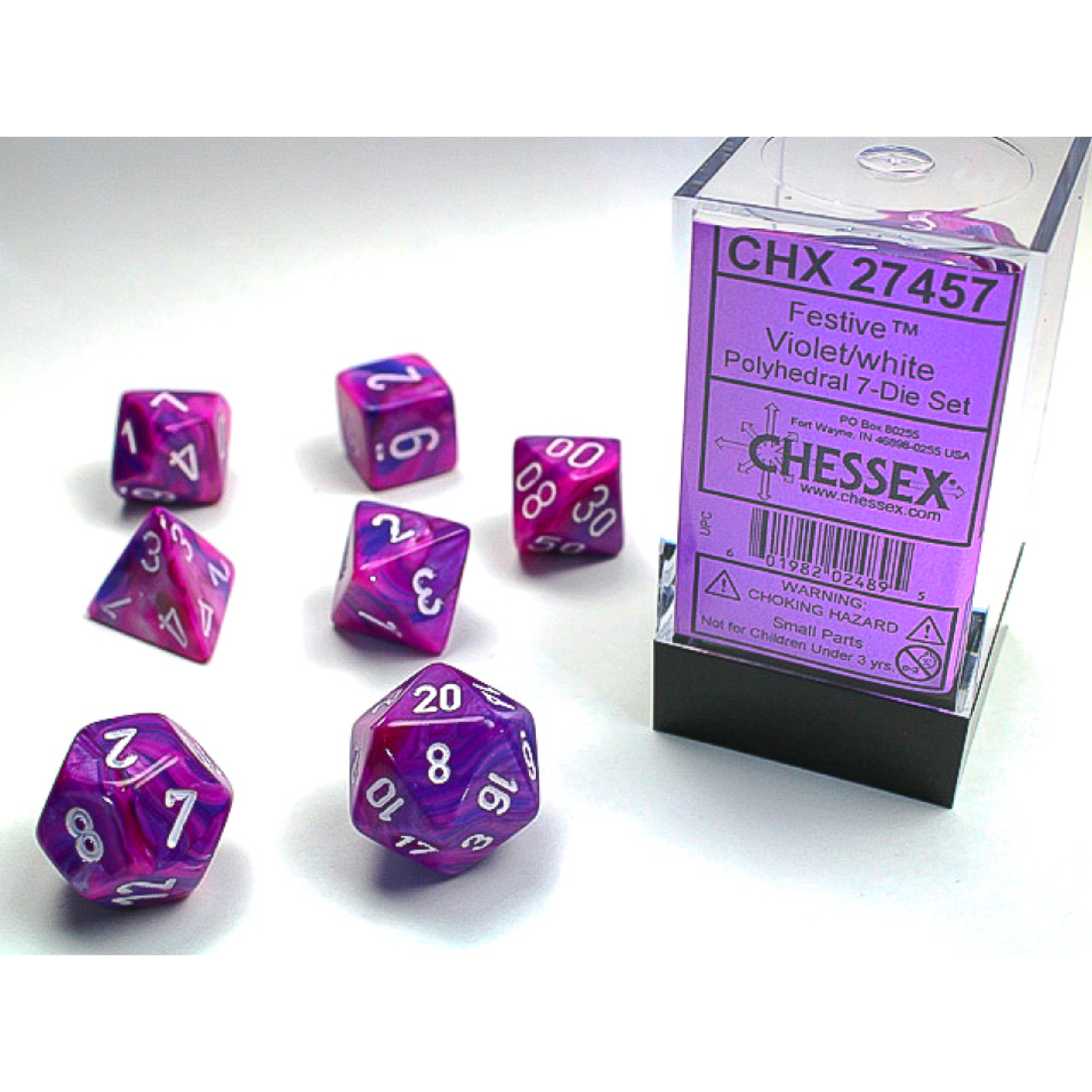 CHX27457 Festive Violet/White 7 Piece Polyhedral Dice Set